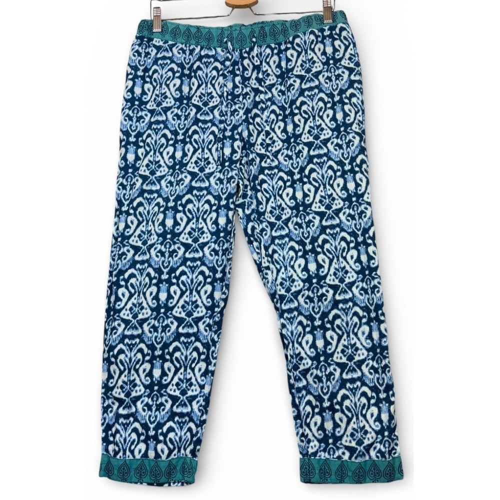 Sundance Pants Womens S Blue White Cropped Pull On Boho Ikat Pattern Cotton